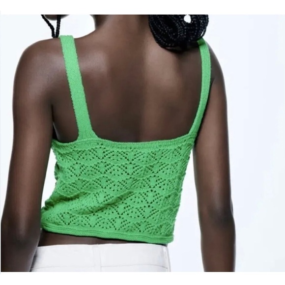 Zara Bright Green Crochet Sweater Knit Bustier V-Neck Crop Top Sz Large Stretch - Picture 2 of 9